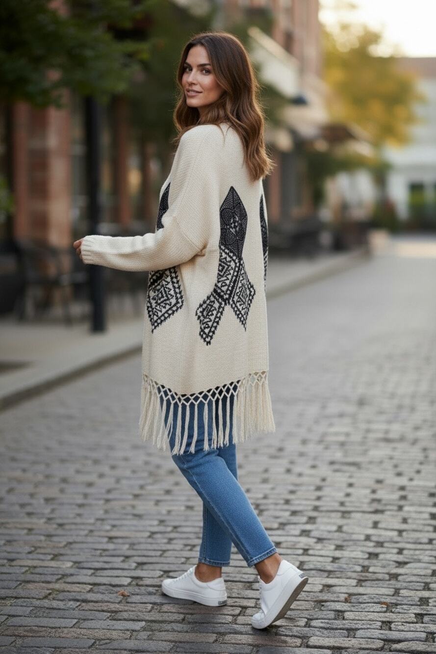Hippie Laundry Boho Fringe Cardigan Large Cream Black Oversized Long Sweater
